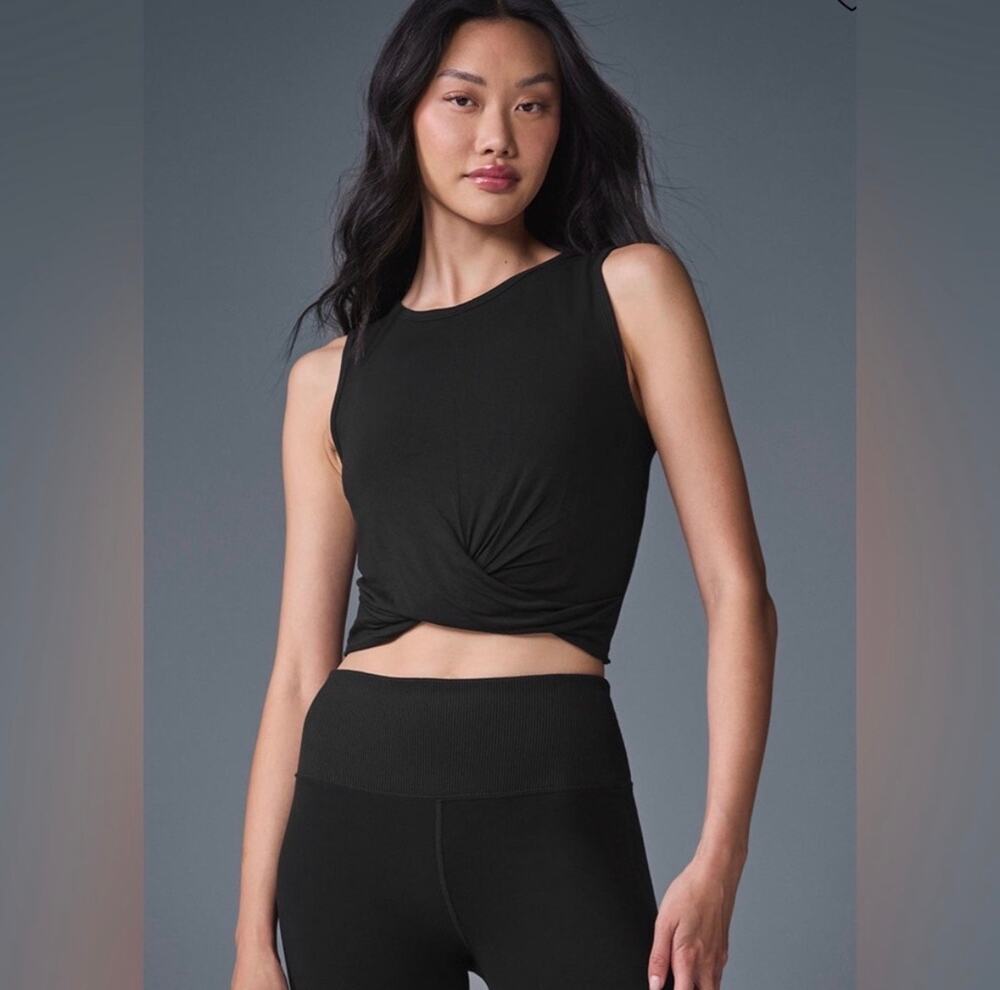 Alo Yoga knot-front tank in black, size medium.